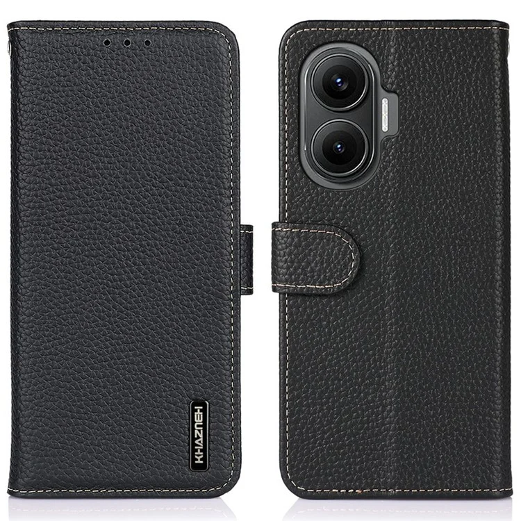 KHAZNEH For Xiaomi Redmi Turbo 4 Pro 5G  /  Poco F7 5G Case Genuine Cow Leather Flip Phone Cover - Black