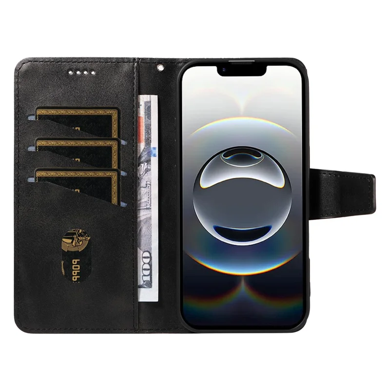 For iPhone 16e Leather Case Wallet Stand Grids Imprinted Phone Cover with Strap - Black