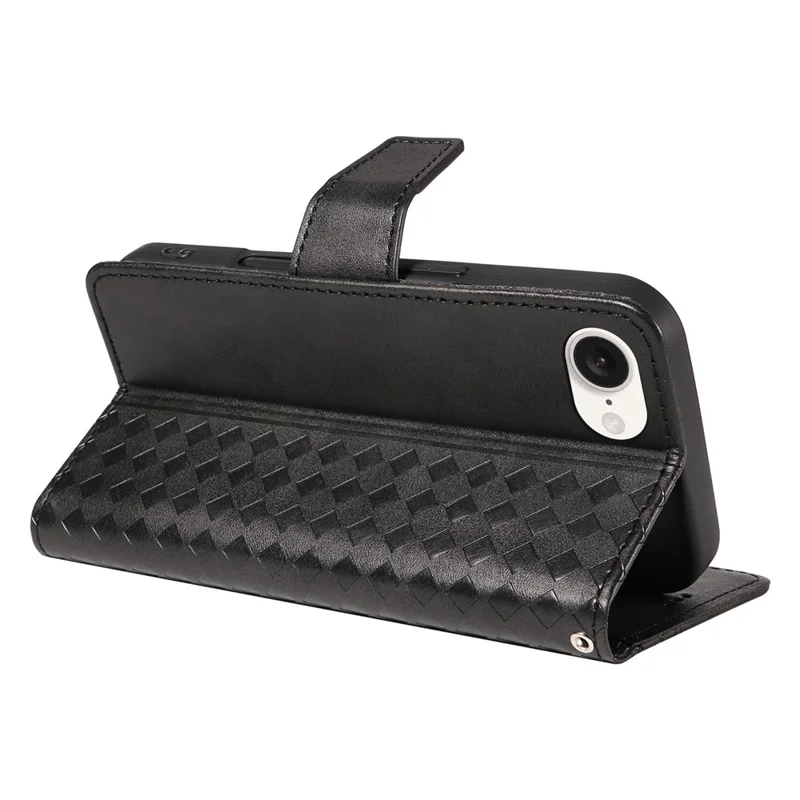 For iPhone 16e Leather Case Wallet Stand Grids Imprinted Phone Cover with Strap - Black