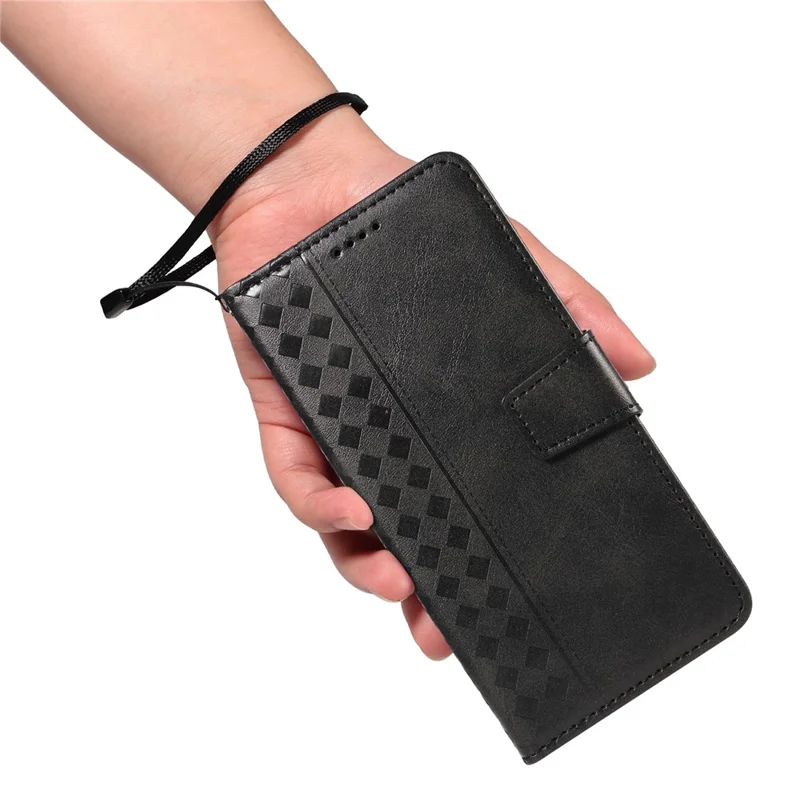 For iPhone 16e Leather Case Wallet Stand Grids Imprinted Phone Cover with Strap - Black