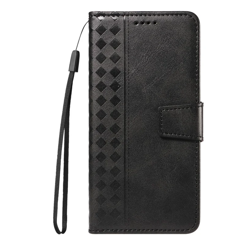 For iPhone 16e Leather Case Wallet Stand Grids Imprinted Phone Cover with Strap - Black