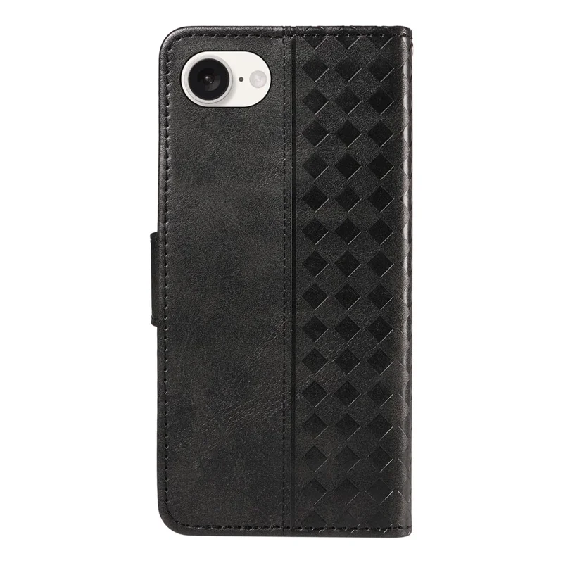 For iPhone 16e Leather Case Wallet Stand Grids Imprinted Phone Cover with Strap - Black