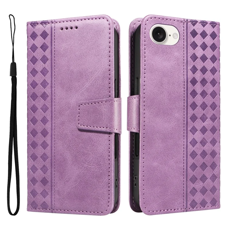 For iPhone 17e / 16e Leather Case Wallet Stand Grids Imprinted Phone Cover with Strap - Light Purple