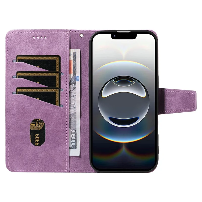 For iPhone 17e / 16e Leather Case Wallet Stand Grids Imprinted Phone Cover with Strap - Light Purple