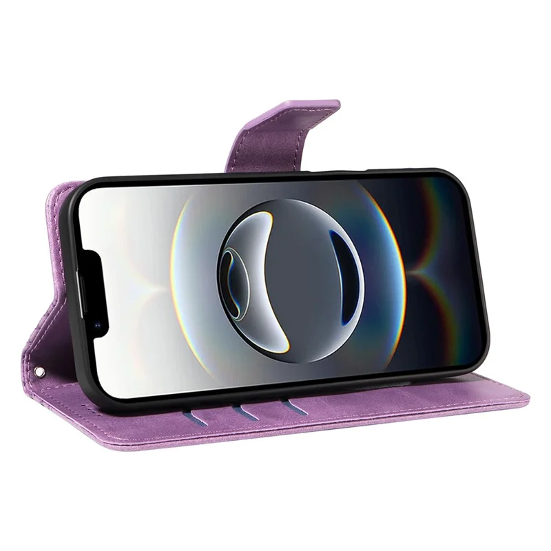 For iPhone 17e / 16e Leather Case Wallet Stand Grids Imprinted Phone Cover with Strap - Light Purple