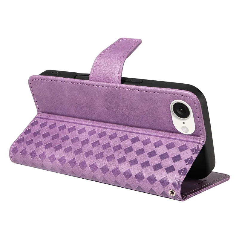 For iPhone 17e / 16e Leather Case Wallet Stand Grids Imprinted Phone Cover with Strap - Light Purple
