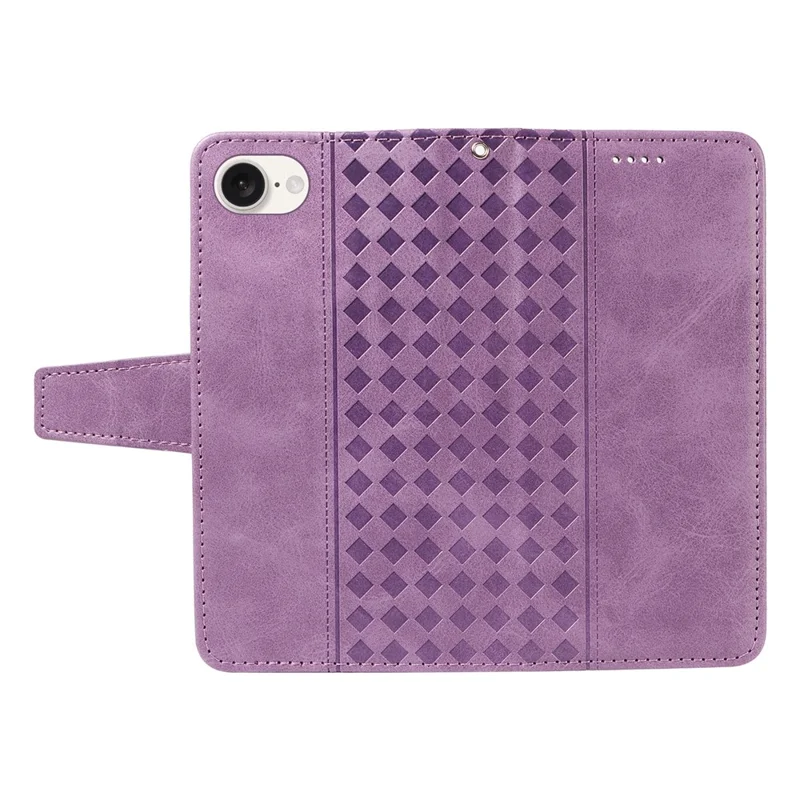 For iPhone 17e / 16e Leather Case Wallet Stand Grids Imprinted Phone Cover with Strap - Light Purple