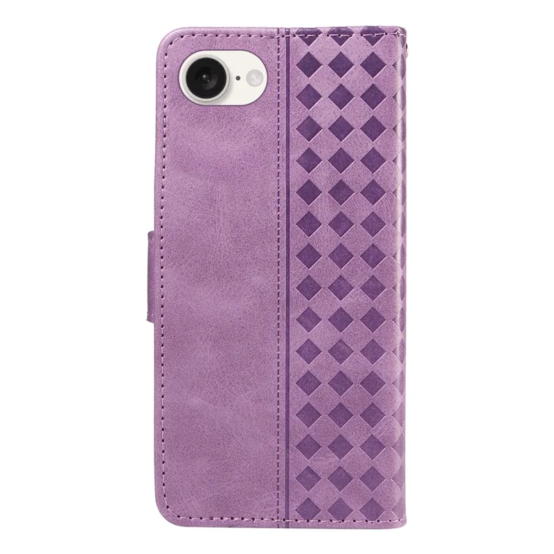 For iPhone 17e / 16e Leather Case Wallet Stand Grids Imprinted Phone Cover with Strap - Light Purple