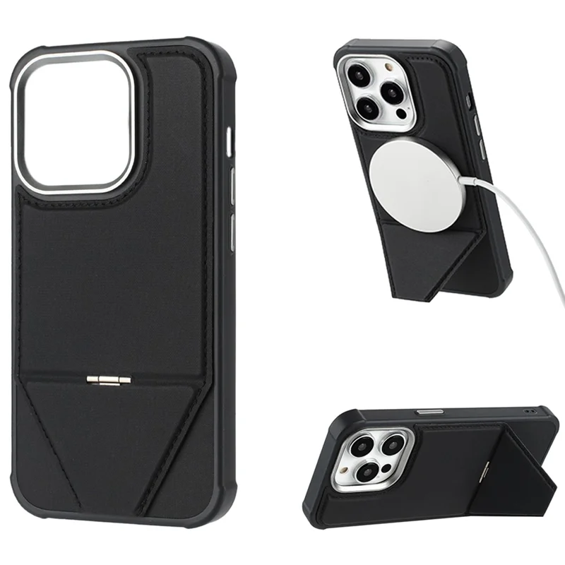 For iPhone 16 Pro Max Case Compatible with MagSafe Kickstand TPU + PU Leather Phone Cover - Black