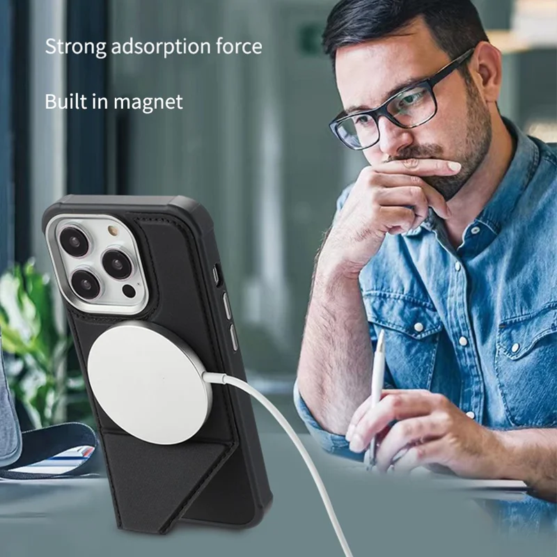 For iPhone 16 Pro Max Case Compatible with MagSafe Kickstand TPU + PU Leather Phone Cover - Black