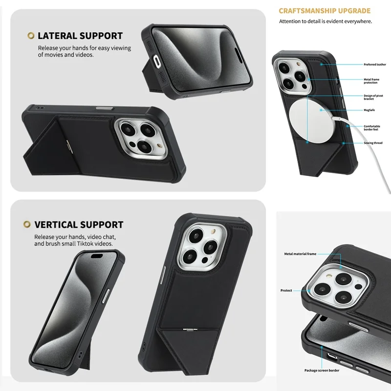 For iPhone 16 Pro Max Case Compatible with MagSafe Kickstand TPU + PU Leather Phone Cover - Black