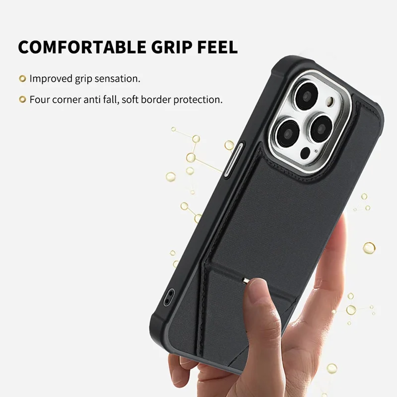 For iPhone 16 Pro Max Case Compatible with MagSafe Kickstand TPU + PU Leather Phone Cover - Black