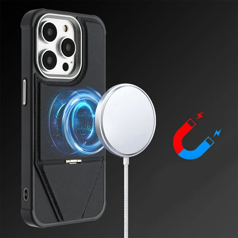 For iPhone 16 Pro Max Case Compatible with MagSafe Kickstand TPU + PU Leather Phone Cover - Black