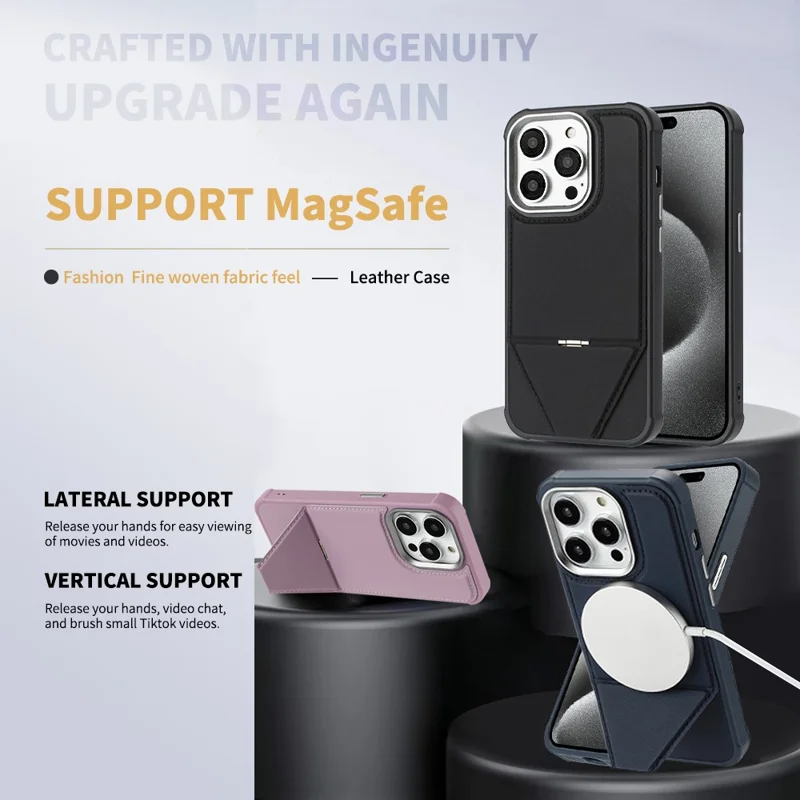 For iPhone 16 Pro Max Case Compatible with MagSafe Kickstand TPU + PU Leather Phone Cover - Black