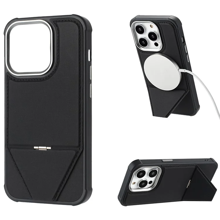 Cover per iPhone 16 Pro Compatibile con MagSafe con Supporto Pieghevole in TPU + Pelle PU - Nero