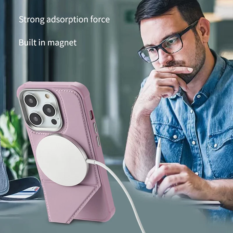 For iPhone 16 Pro Case Compatible with MagSafe Kickstand TPU + PU Leather Phone Cover - Pink