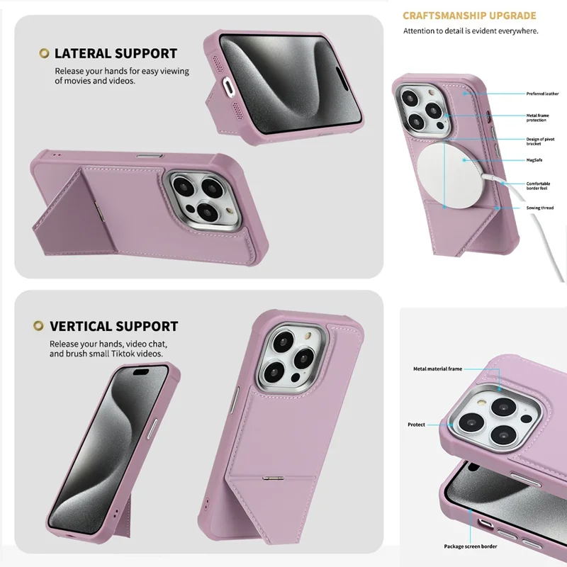 For iPhone 16 Pro Case Compatible with MagSafe Kickstand TPU + PU Leather Phone Cover - Pink