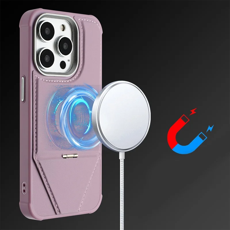 For iPhone 16 Pro Case Compatible with MagSafe Kickstand TPU + PU Leather Phone Cover - Pink
