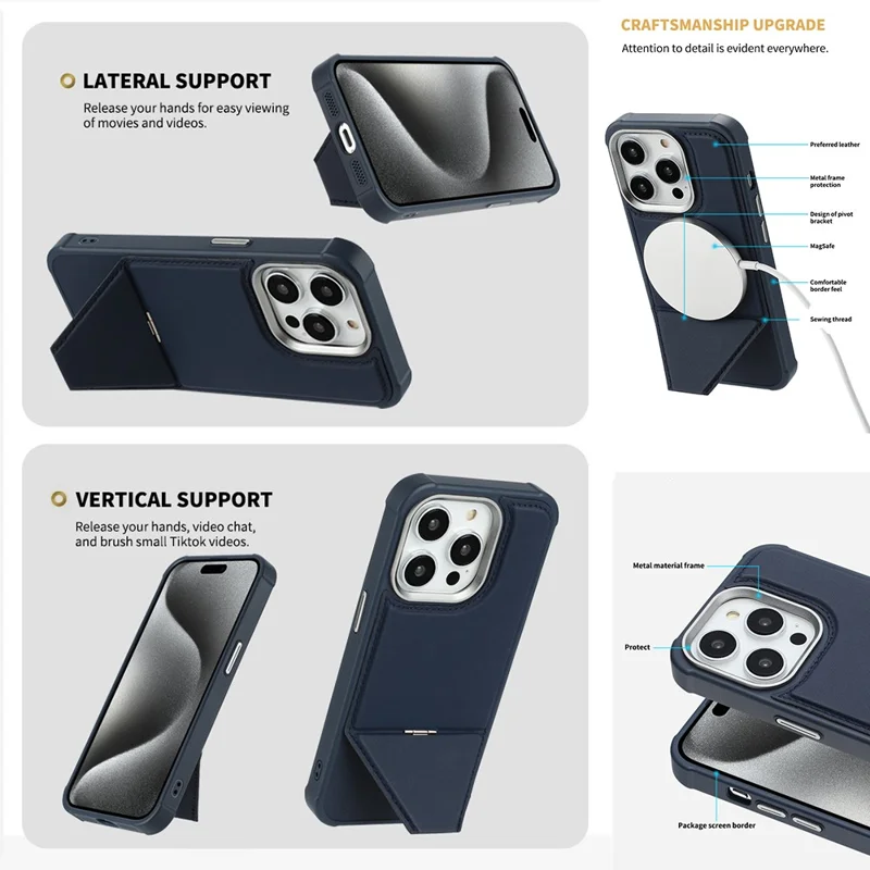 For iPhone 15 Pro Max Case Compatible with MagSafe Kickstand TPU + PU Leather Phone Cover - Blue