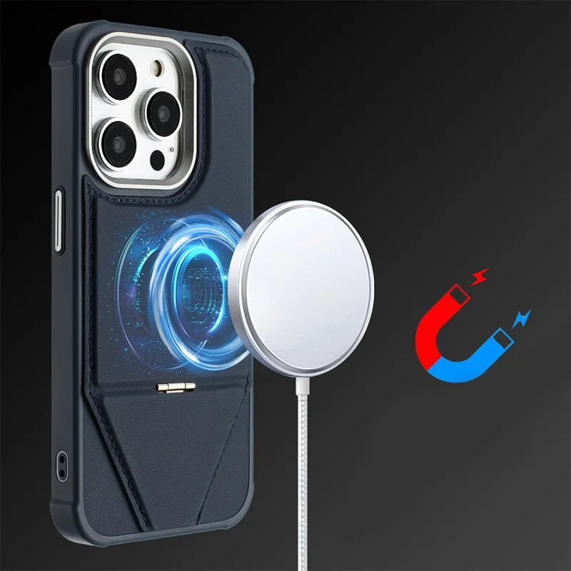 For iPhone 15 Pro Max Case Compatible with MagSafe Kickstand TPU + PU Leather Phone Cover - Blue