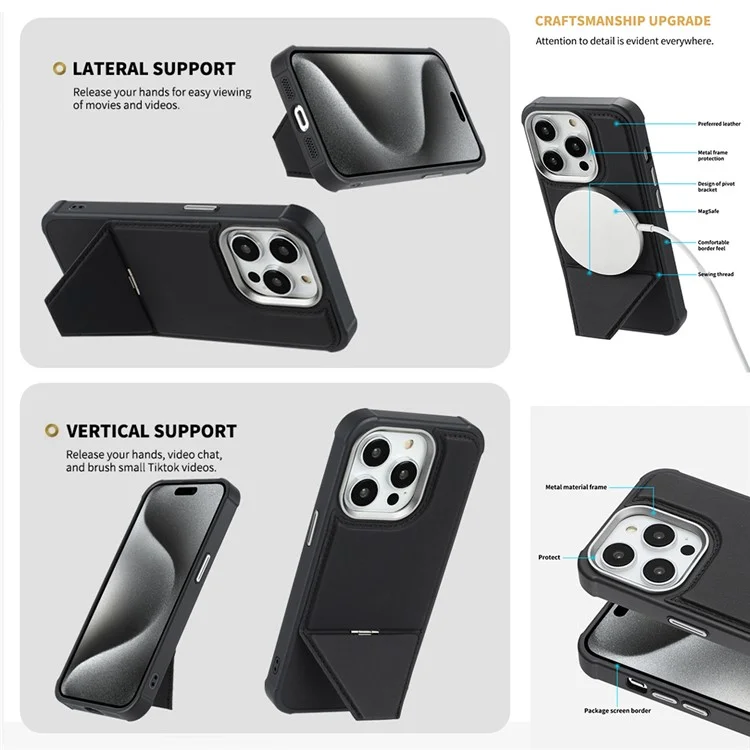 Cover per iPhone 15 Pro Compatibile con MagSafe con Supporto Pieghevole in TPU + Pelle PU - Nero
