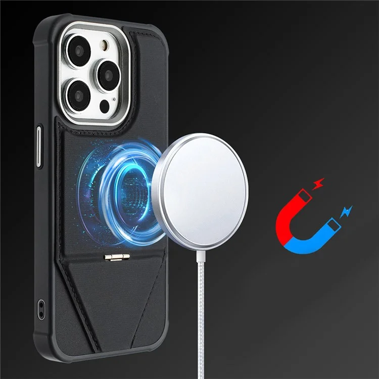 Cover per iPhone 15 Pro Compatibile con MagSafe con Supporto Pieghevole in TPU + Pelle PU - Nero