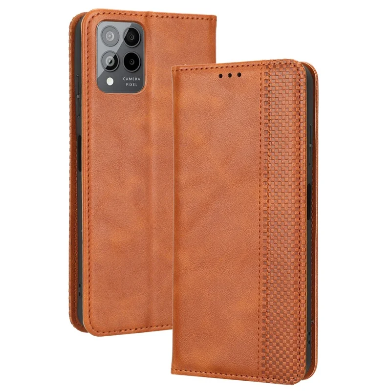 For T-Mobile REVVL 6 Pro 5G 5G / Telekom T Phone Pro 5G / T-Mobile T Phone Pro 5G Vintage PU Leather Wallet Phone Case Imprinted Pattern Stand Magnetic Auto-absorbed Protective Cover - Brown