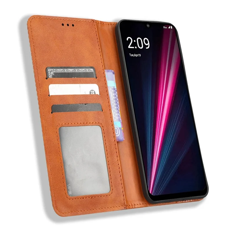 For T-Mobile REVVL 6 Pro 5G 5G / Telekom T Phone Pro 5G / T-Mobile T Phone Pro 5G Vintage PU Leather Wallet Phone Case Imprinted Pattern Stand Magnetic Auto-absorbed Protective Cover - Brown