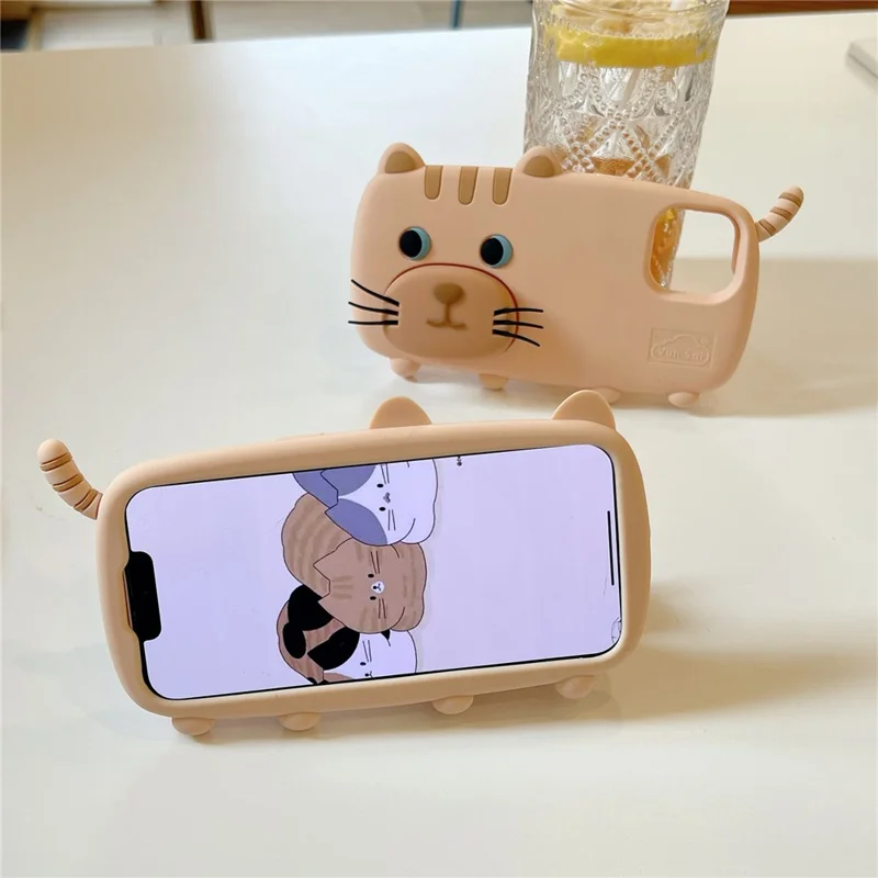 For iPhone 15 Silicone Case Cute Walking Cat Design Lens Cover Kickstand Phone Cover