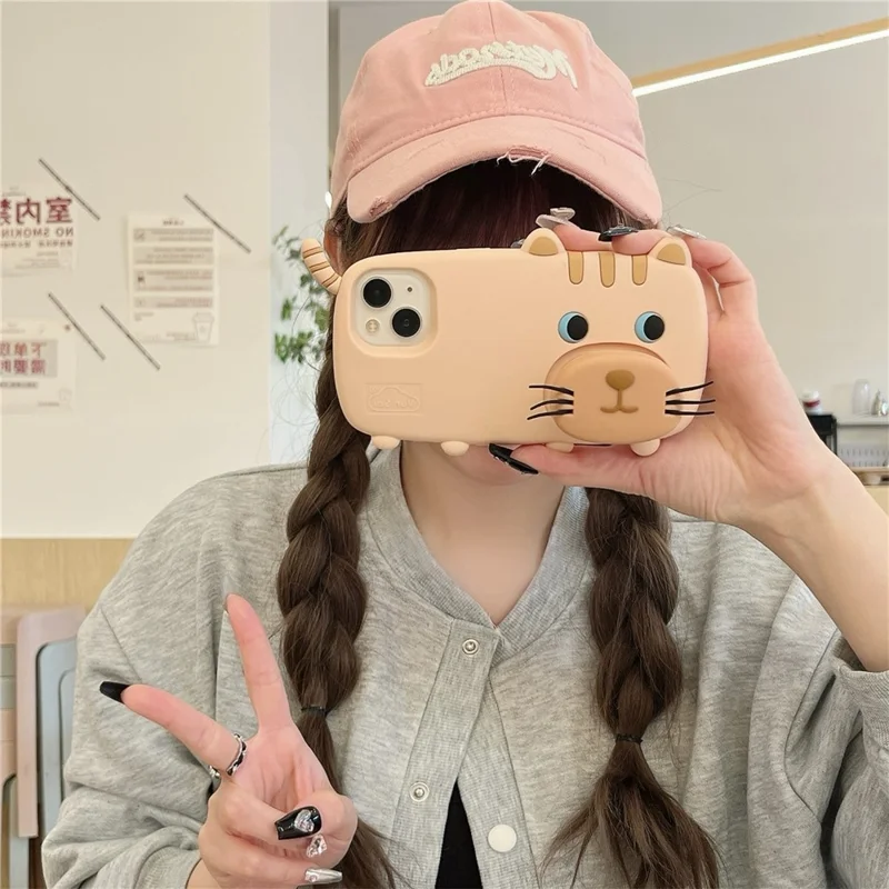 For iPhone 15 Silicone Case Cute Walking Cat Design Lens Cover Kickstand Phone Cover
