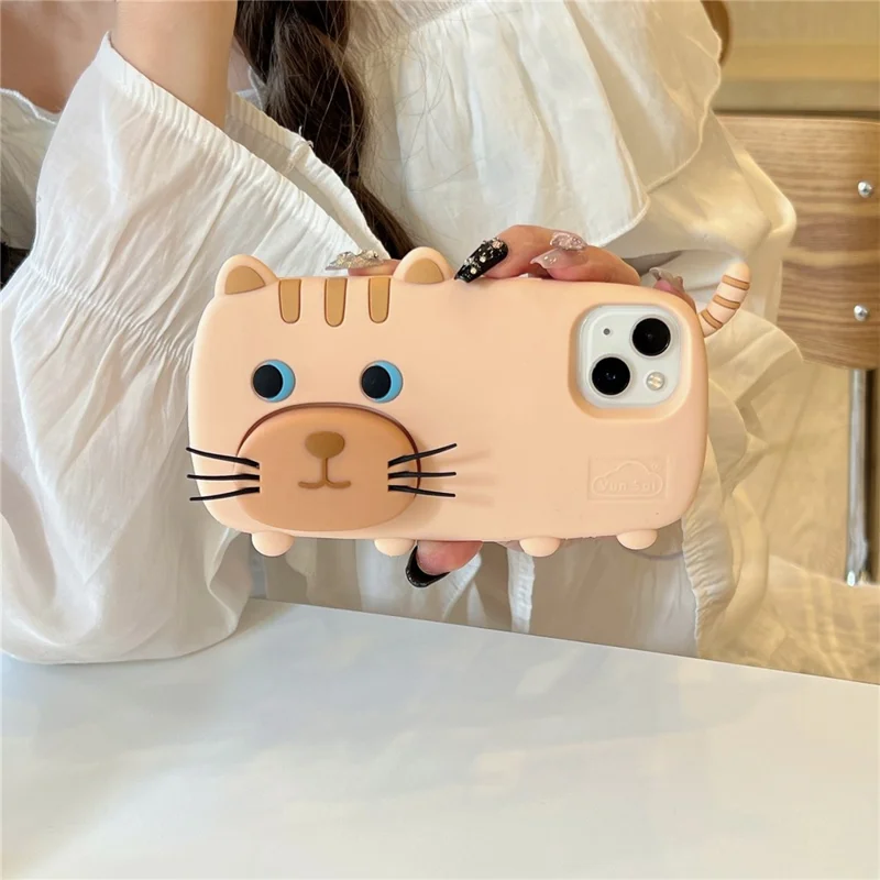 For iPhone 15 Silicone Case Cute Walking Cat Design Lens Cover Kickstand Phone Cover