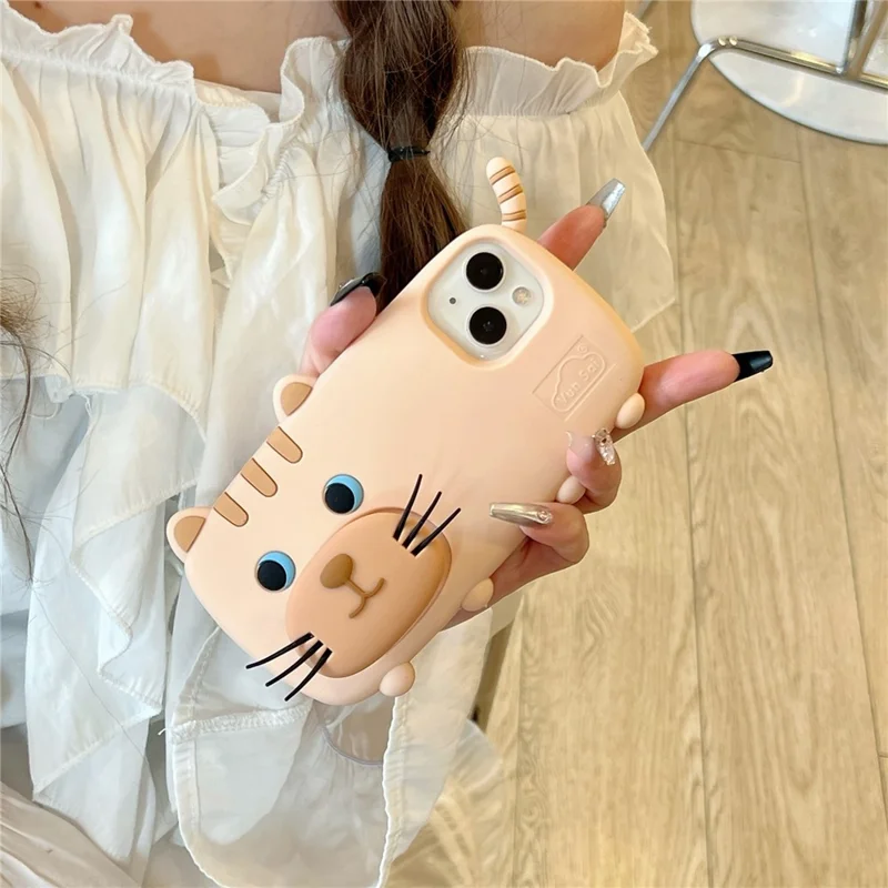 For iPhone 15 Silicone Case Cute Walking Cat Design Lens Cover Kickstand Phone Cover