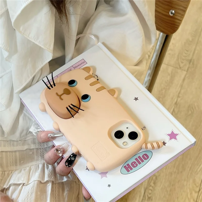 For iPhone 15 Silicone Case Cute Walking Cat Design Lens Cover Kickstand Phone Cover