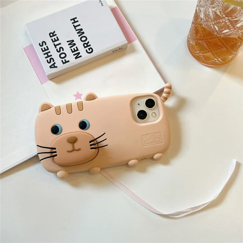 For iPhone 15 Silicone Case Cute Walking Cat Design Lens Cover Kickstand Phone Cover