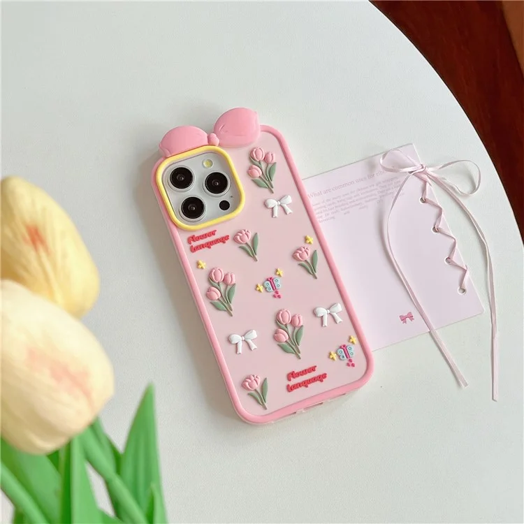 For iPhone 16 Pro Max Silicone Case Cute 3D Tulip Design Shockproof Phone Back Cover with Lanyard
