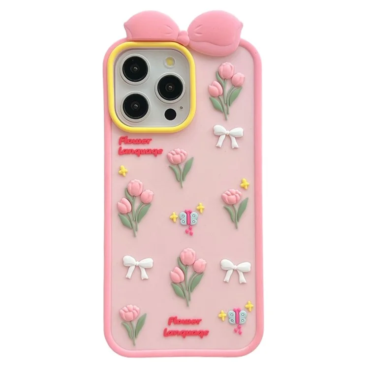 For iPhone 16 Pro Max Silicone Case Cute 3D Tulip Design Shockproof Phone Back Cover with Lanyard