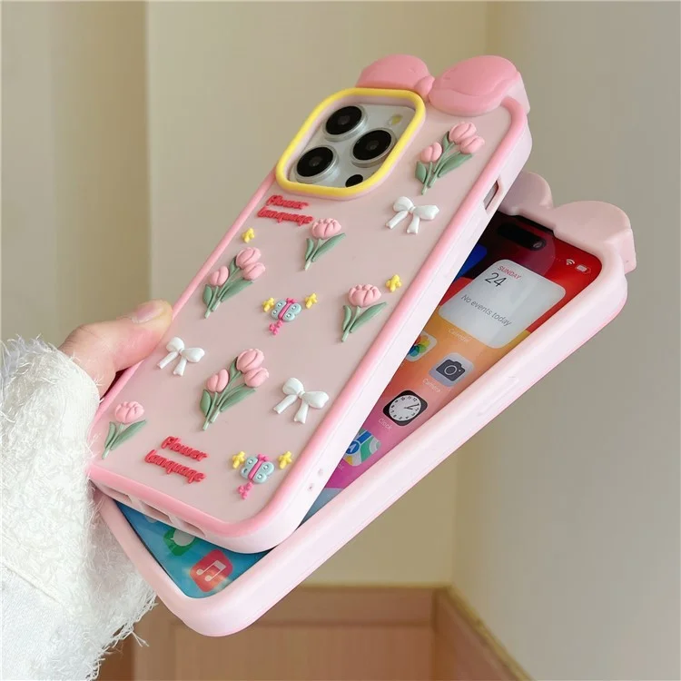 For iPhone 16 Pro Max Silicone Case Cute 3D Tulip Design Shockproof Phone Back Cover with Lanyard