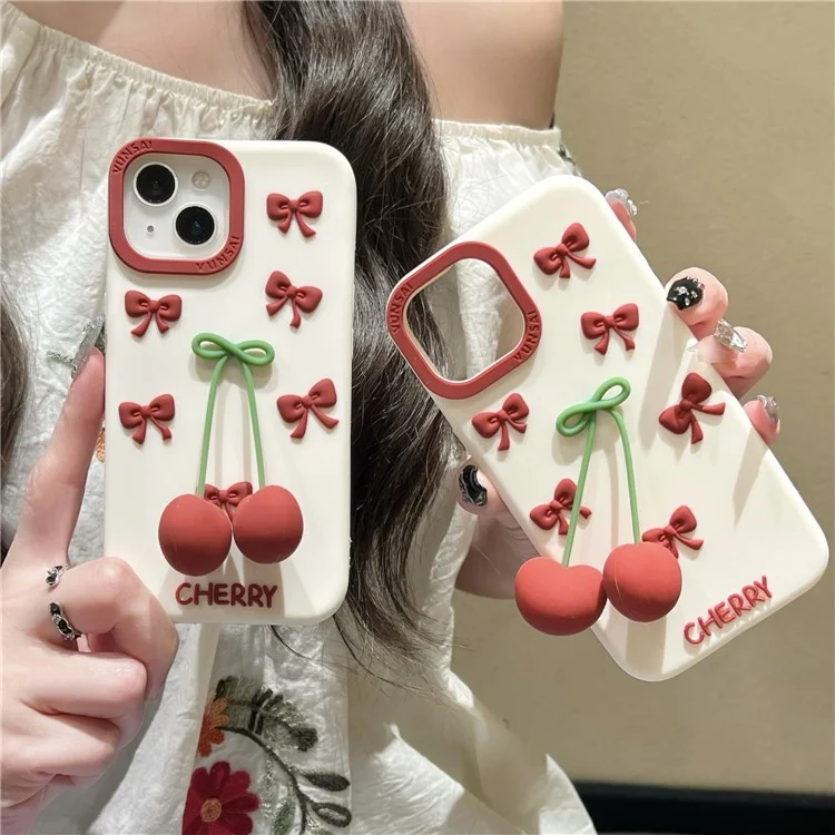 Étui en silicone pour iPhone 15 Design Pendentif Cerise Antichoc Coque Arrière de Téléphone Durable