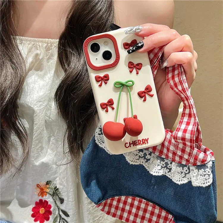 Étui en silicone pour iPhone 15 Design Pendentif Cerise Antichoc Coque Arrière de Téléphone Durable