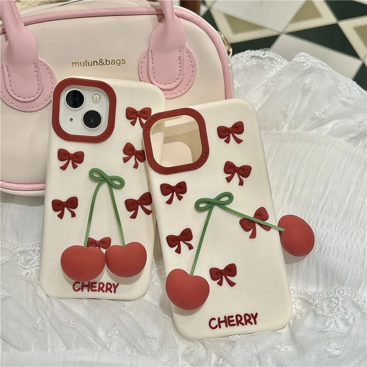 Étui en silicone pour iPhone 15 Design Pendentif Cerise Antichoc Coque Arrière de Téléphone Durable