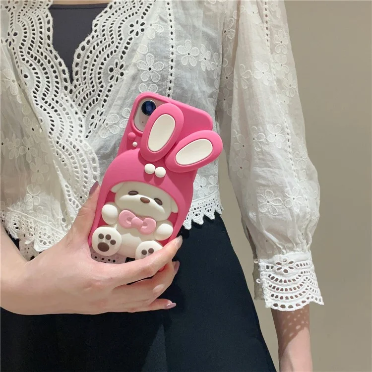 Étui en silicone pour iPhone 15 Conception de chien à la dopamine Étui de protection antichoc - Rose