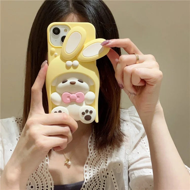 For iPhone 15 Silicone Case Cute Dopamine Dog Design Shockproof Phone Back Cover - Yellow