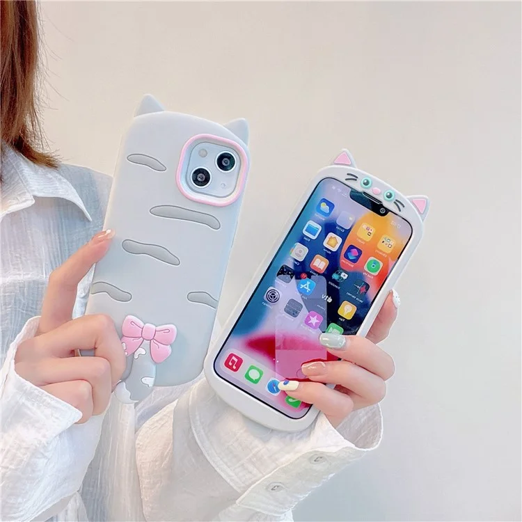 For iPhone 15 Silicone Case Cute Cat Silhouette Design Shockproof Phone Back Cover