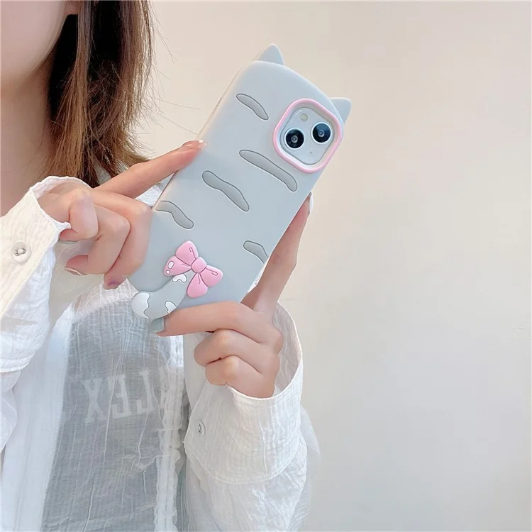 For iPhone 15 Silicone Case Cute Cat Silhouette Design Shockproof Phone Back Cover