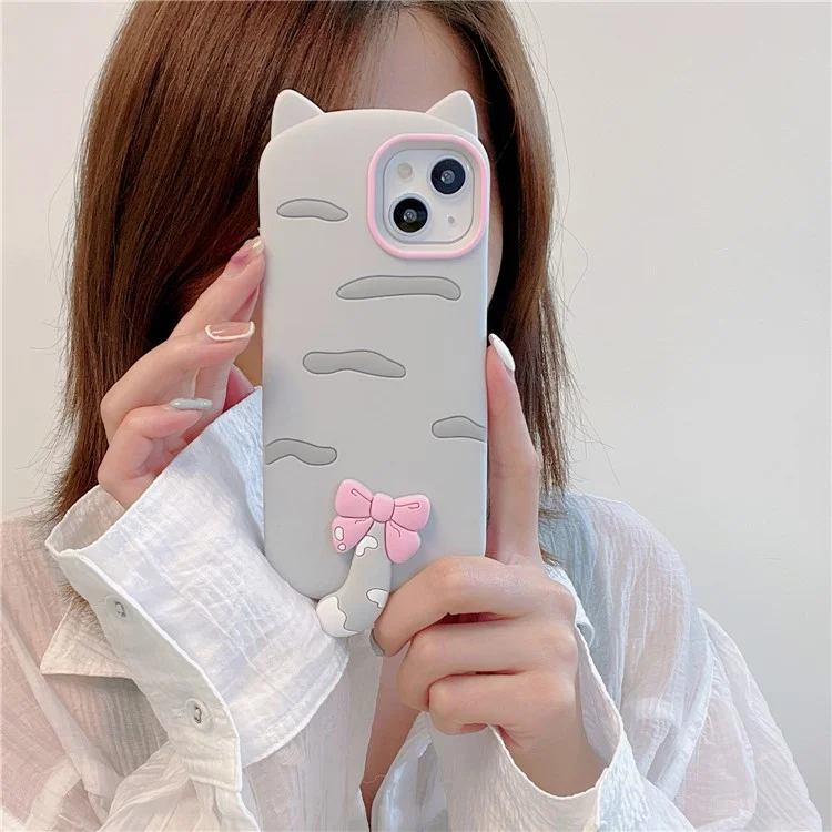 For iPhone 15 Silicone Case Cute Cat Silhouette Design Shockproof Phone Back Cover