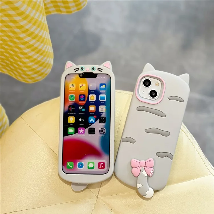For iPhone 15 Silicone Case Cute Cat Silhouette Design Shockproof Phone Back Cover