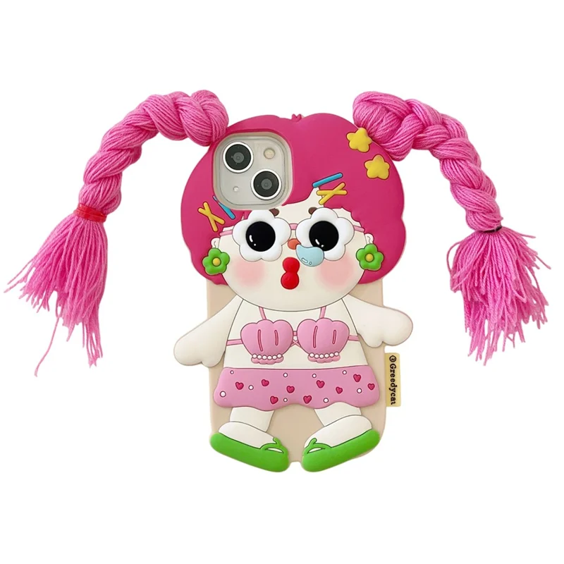 For iPhone 15 Silicone Case Cute Twin Braids Girl Design Shockproof Phone Back Cover