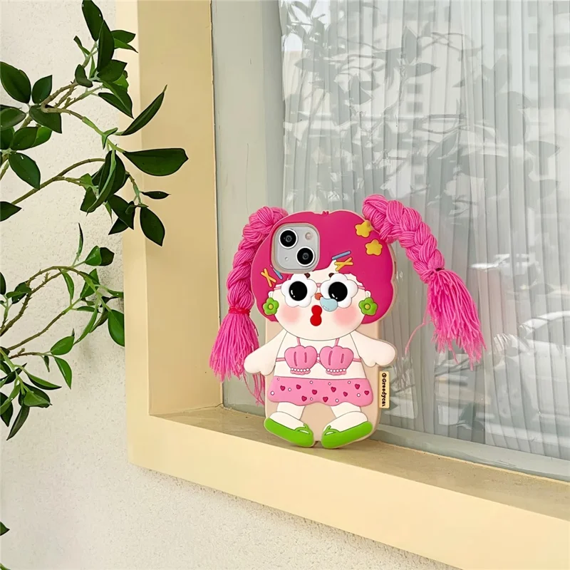 For iPhone 15 Silicone Case Cute Twin Braids Girl Design Shockproof Phone Back Cover