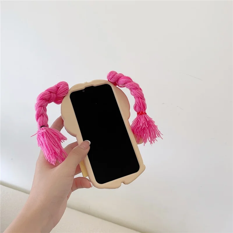 For iPhone 15 Silicone Case Cute Twin Braids Girl Design Shockproof Phone Back Cover