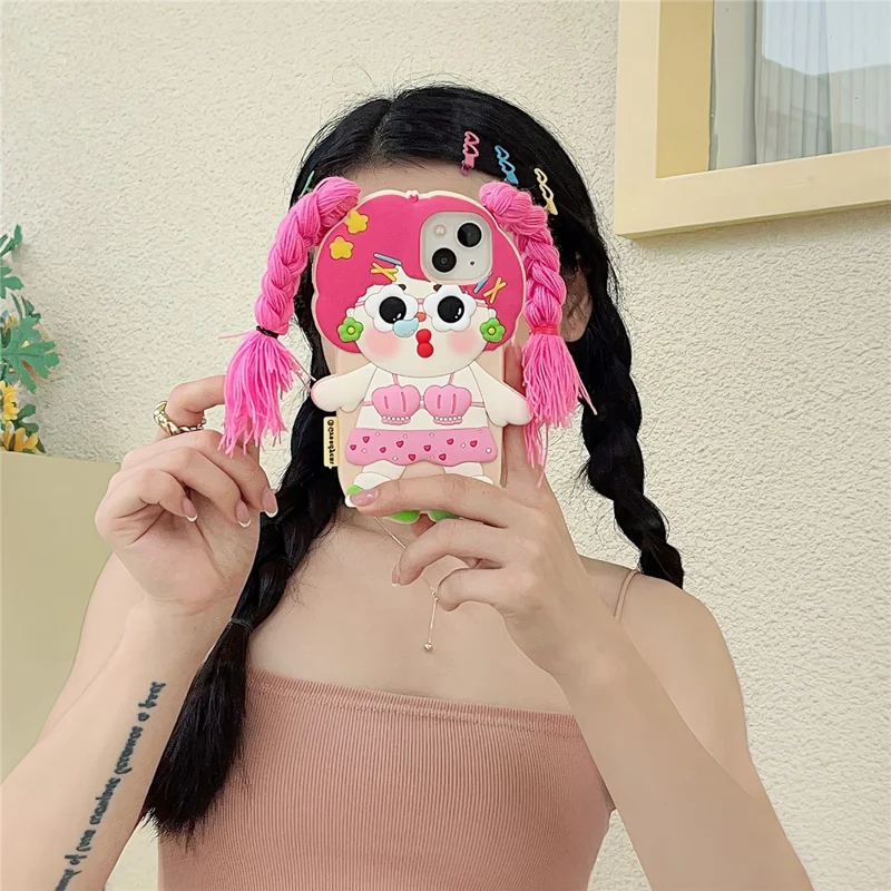 For iPhone 15 Silicone Case Cute Twin Braids Girl Design Shockproof Phone Back Cover